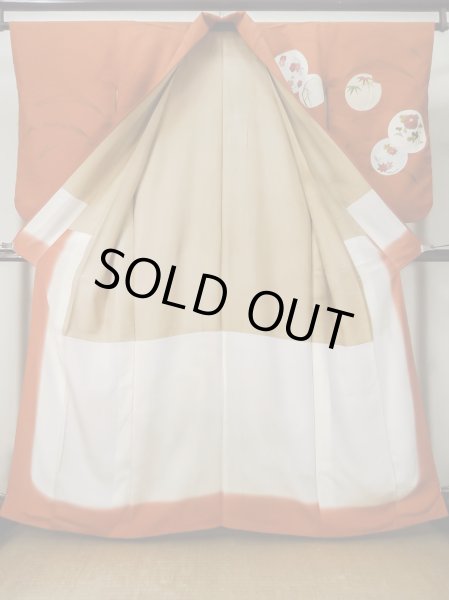 画像2: M0328O  付下げ 女性用着物  シルク(正絹)   橙色, ぼたん 【中古】 【USED】 【リサイクル】 ★★☆☆☆ (2)