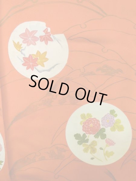 画像8: M0328O  付下げ 女性用着物  シルク(正絹)   橙色, ぼたん 【中古】 【USED】 【リサイクル】 ★★☆☆☆ (8)