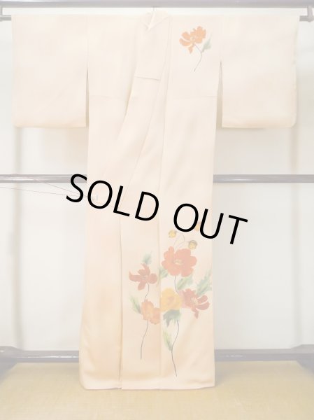 画像3: M0328P  付下げ 女性用着物  シルク（正絹） 淡い 薄い 橙色, 花 【中古】 【USED】 【リサイクル】 ★★☆☆☆ (3)