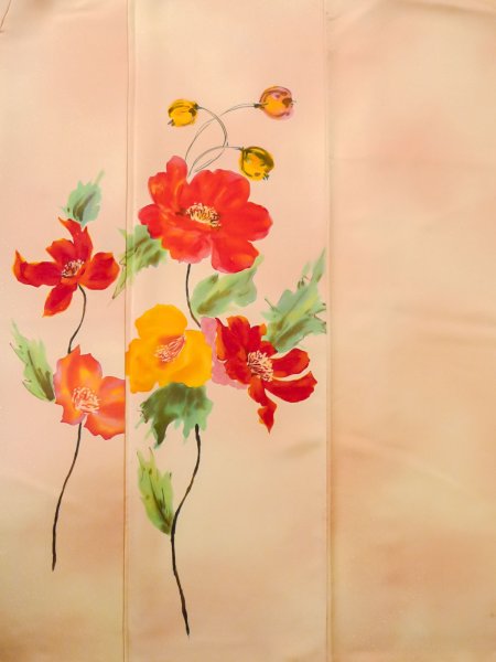 画像4: M0328P  付下げ 女性用着物  シルク(正絹) 淡い 薄い 橙色, 花 【中古】 【USED】 【リサイクル】 ★★☆☆☆ (4)