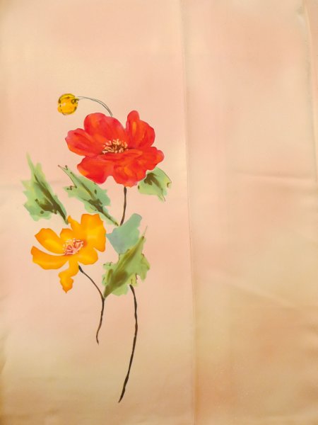 画像5: M0328P  付下げ 女性用着物  シルク(正絹) 淡い 薄い 橙色, 花 【中古】 【USED】 【リサイクル】 ★★☆☆☆ (5)