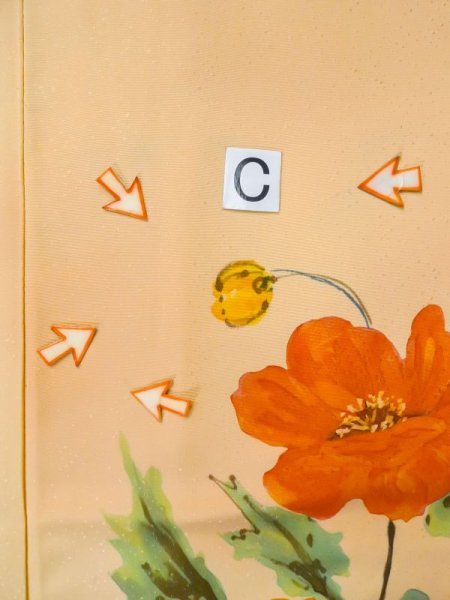 画像17: M0328P  付下げ 女性用着物  シルク(正絹) 淡い 薄い 橙色, 花 【中古】 【USED】 【リサイクル】 ★★☆☆☆ (17)