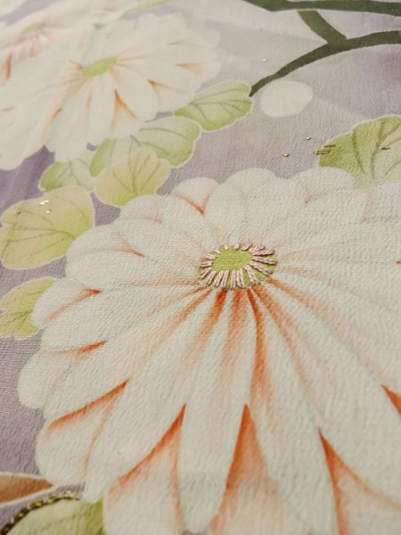 画像14: M0329B  子供用 女性用着物  シルク(正絹)   藤色, ぼたん 【中古】 【USED】 【リサイクル】 ★☆☆☆☆ (14)