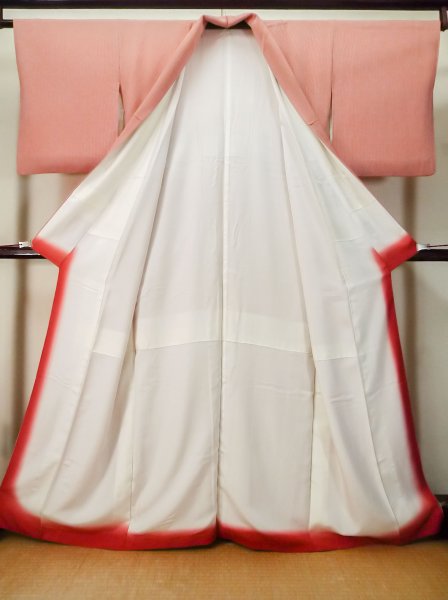 画像2: M0330P  江戸小紋 女性用着物  シルク(正絹)   赤色, 縞 【中古】 【USED】 【リサイクル】 ★★★☆☆ (2)