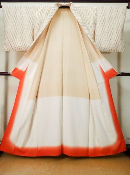 画像2: M0330T  小紋 女性用着物  シルク(正絹)   アイボリー, 扇 【中古】 【USED】 【リサイクル】 ★★☆☆☆ (2)