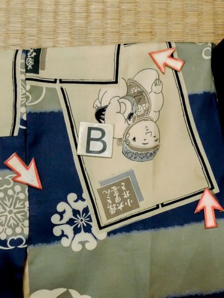 画像14: M0505E  子供用 男性用着物  シルク(正絹) 深い 灰色がかった 青, 抽象的模様 【中古】 【USED】 【リサイクル】 ★★☆☆☆ (14)