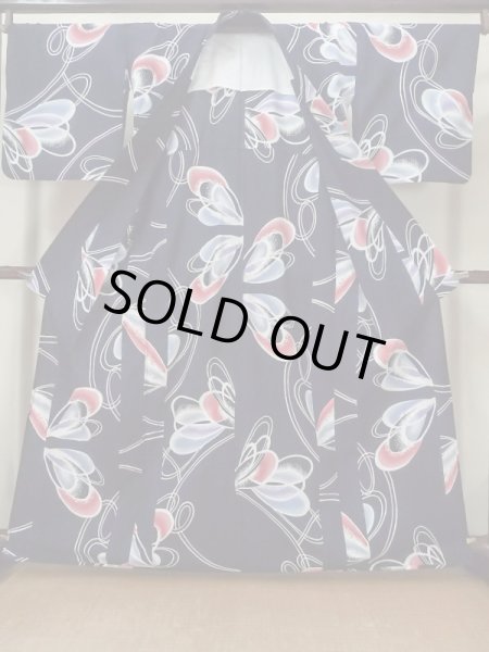 画像2: M0506C  子供用 女性用着物  綿   紺, 線 【中古】 【USED】 【リサイクル】 ★☆☆☆☆ (2)