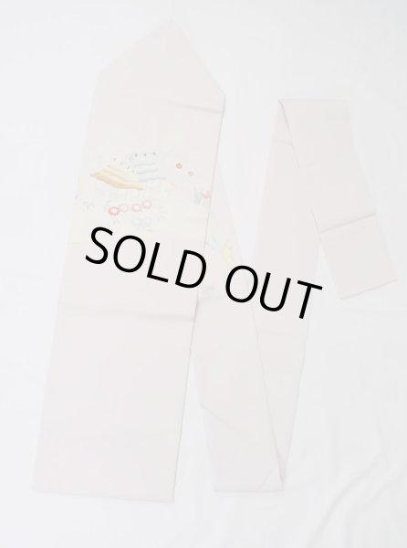 画像1: M0523C 名古屋帯 女性用着物 シルク（正絹）  淡い 桃色 菊 【中古】 【USED】 【リサイクル】 ★★★☆☆ (1)