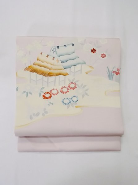 画像2: M0523C 名古屋帯 女性用着物 シルク（正絹）  淡い 桃色 菊 【中古】 【USED】 【リサイクル】 ★★★☆☆ (2)