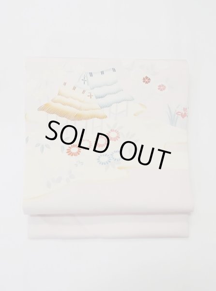 画像2: M0523C 名古屋帯 女性用着物 シルク（正絹）  淡い 桃色 菊 【中古】 【USED】 【リサイクル】 ★★★☆☆ (2)