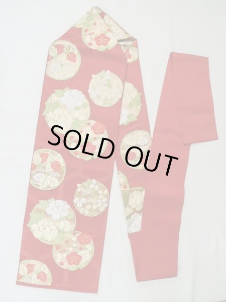 画像1: M0523S 名古屋帯 女性用着物 シルク（正絹）  鮮やか 赤色 ぼたん 【中古】 【USED】 【リサイクル】 ★★☆☆☆ (1)