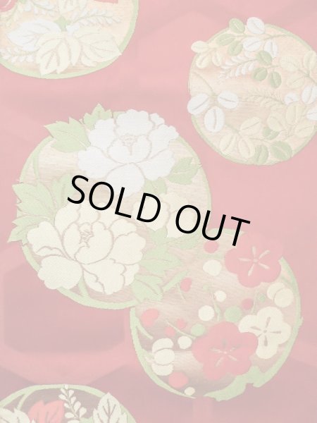 画像3: M0523S 名古屋帯 女性用着物 シルク（正絹）  鮮やか 赤色 ぼたん 【中古】 【USED】 【リサイクル】 ★★☆☆☆ (3)