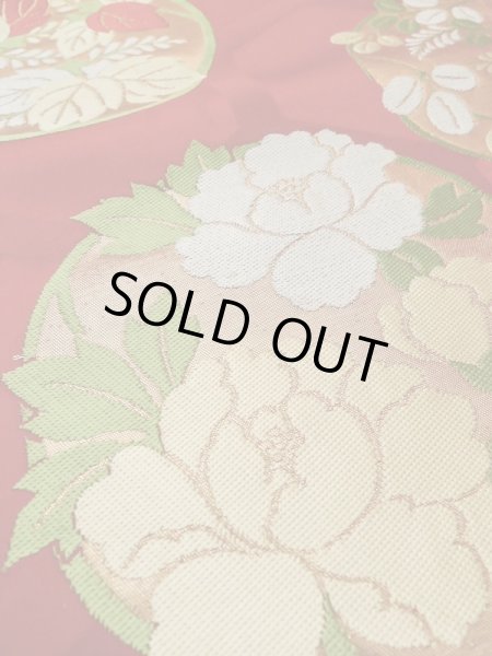 画像9: M0523S 名古屋帯 女性用着物 シルク（正絹）  鮮やか 赤色 ぼたん 【中古】 【USED】 【リサイクル】 ★★☆☆☆ (9)