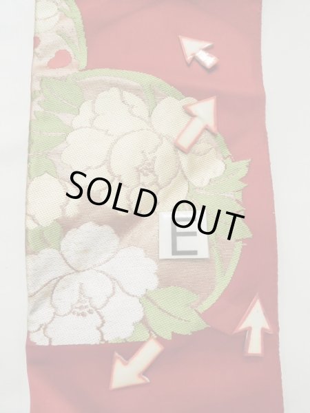 画像15: M0523S 名古屋帯 女性用着物 シルク（正絹）  鮮やか 赤色 ぼたん 【中古】 【USED】 【リサイクル】 ★★☆☆☆ (15)