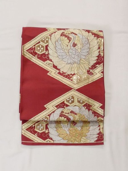 画像2: M0525C 袋帯 女性用着物 シルク(正絹)   えんじ 草 【中古】 【USED】 【リサイクル】 ★★☆☆☆ (2)