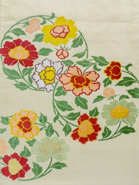 画像3: M0525O 名古屋帯 女性用着物 シルク(正絹)   アイボリー ぼたん 【中古】 【USED】 【リサイクル】 ★★☆☆☆ (3)