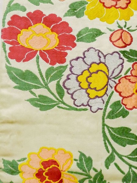 画像4: M0525O 名古屋帯 女性用着物 シルク(正絹)   アイボリー ぼたん 【中古】 【USED】 【リサイクル】 ★★☆☆☆ (4)