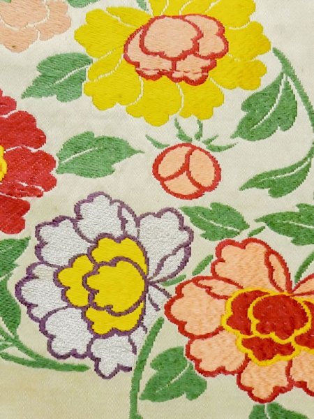 画像6: M0525O 名古屋帯 女性用着物 シルク(正絹)   アイボリー ぼたん 【中古】 【USED】 【リサイクル】 ★★☆☆☆ (6)