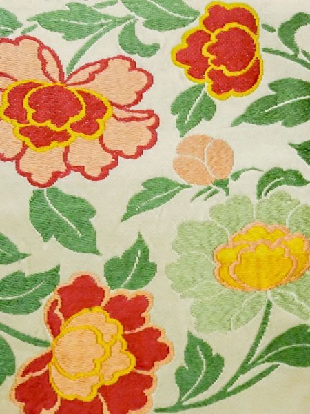 画像7: M0525O 名古屋帯 女性用着物 シルク(正絹)   アイボリー ぼたん 【中古】 【USED】 【リサイクル】 ★★☆☆☆ (7)
