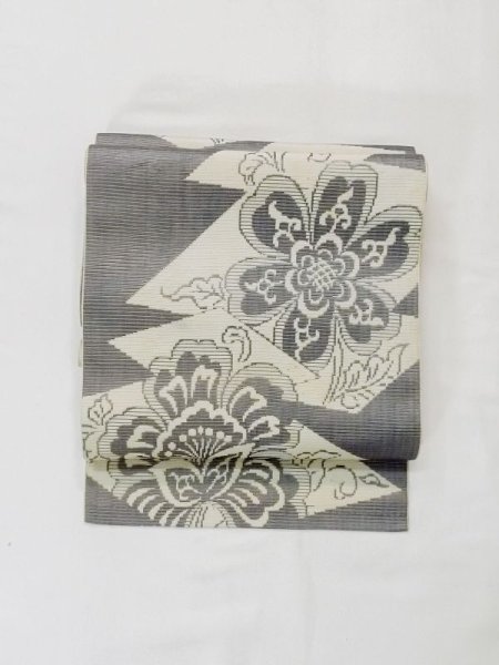 画像2: M0525P 名古屋帯 女性用着物 化繊 淡い 灰色がかった 青 ぼたん 【中古】 【USED】 【リサイクル】 ★★☆☆☆ (2)