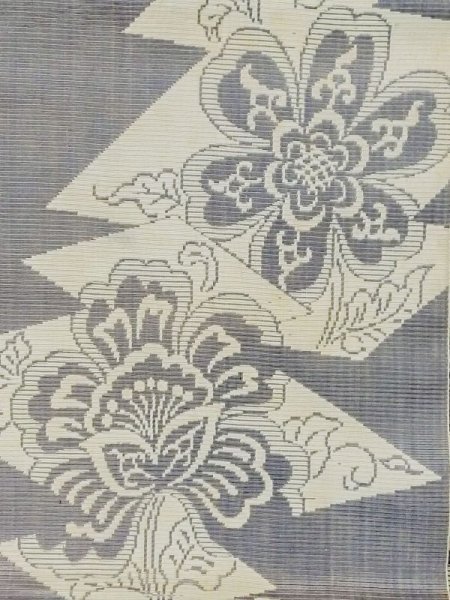 画像3: M0525P 名古屋帯 女性用着物 化繊 淡い 灰色がかった 青 ぼたん 【中古】 【USED】 【リサイクル】 ★★☆☆☆ (3)