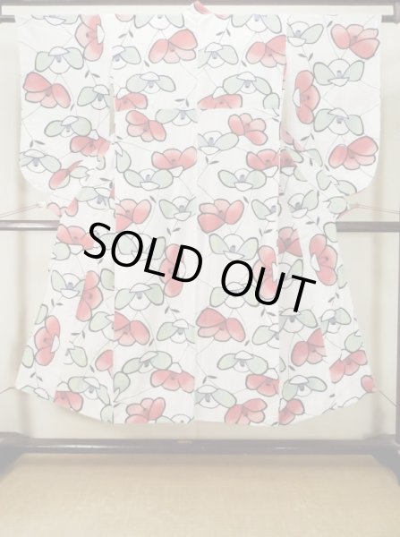 画像1: M0613Q  浴衣（日本製） 女性用着物  綿   白, 椿 【中古】 【USED】 【リサイクル】 ★★☆☆☆ (1)