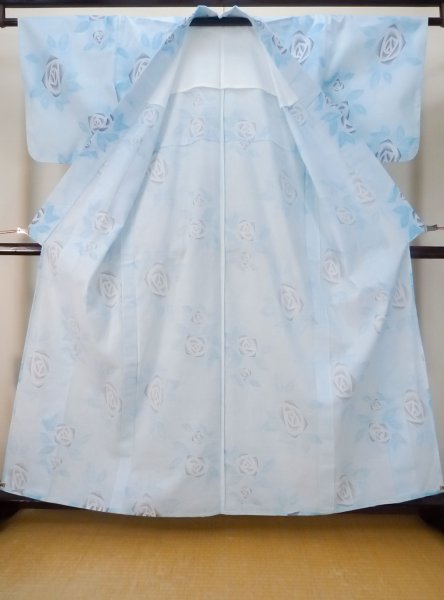 画像2: M0620E  浴衣(日本製) 女性用着物  綿  灰色がかった 紺, バラ 【中古】 【USED】 【リサイクル】 ★★☆☆☆ (2)