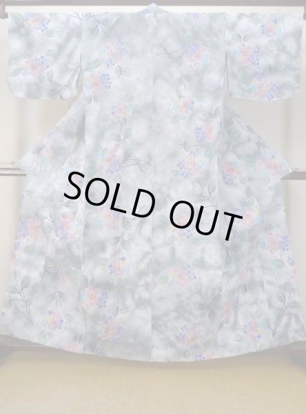 画像1: M0620G  注染浴衣 女性用着物 紫陽花柄 綿   灰色, 葉 【中古】 【USED】 【リサイクル】 ★☆☆☆☆ (1)
