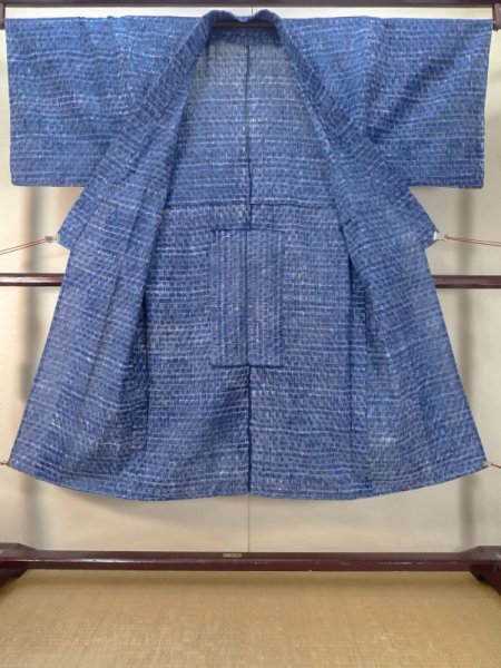 画像2: M0621B  浴衣(日本製) 男性用着物  綿麻   紺, チェック柄 【中古】 【USED】 【リサイクル】 ★★☆☆☆ (2)