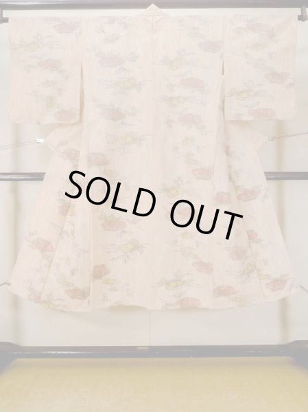 画像1: M0712S  単衣 女性用着物  ウール   珊瑚色, 花 【中古】 【USED】 【リサイクル】 ★★★☆☆ (1)