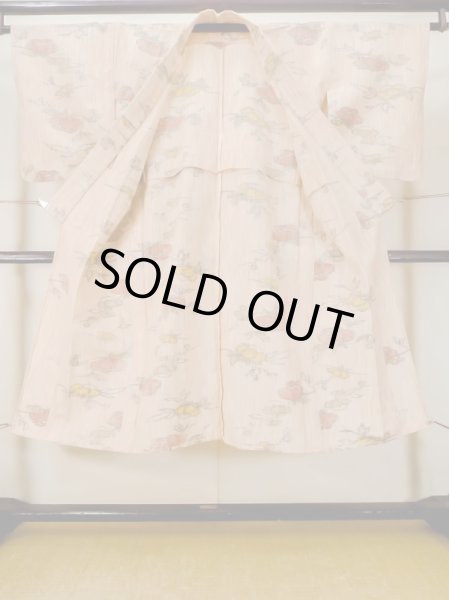 画像2: M0712S  単衣 女性用着物  ウール   珊瑚色, 花 【中古】 【USED】 【リサイクル】 ★★★☆☆ (2)