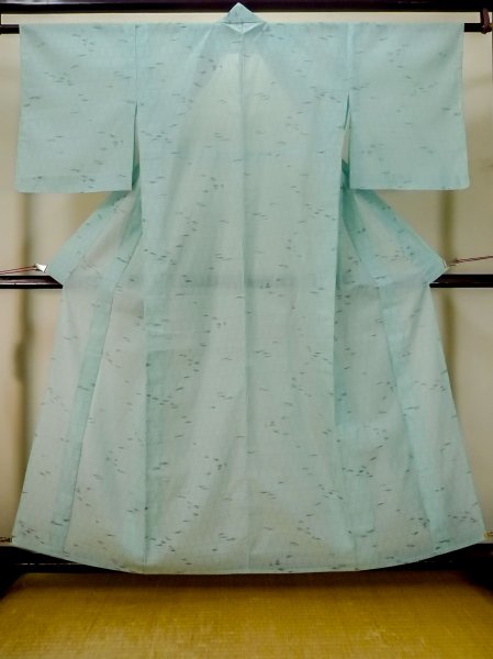 画像1: M0712Z  単衣 女性用着物  麻   水色, 抽象的模様 【中古】 【USED】 【リサイクル】 ★★★☆☆ (1)