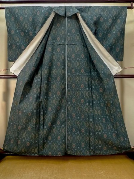 画像2: M0713A  塩沢紬 女性用着物  シルク(正絹)   マルチカラー, 十字 【中古】 【USED】 【リサイクル】 ★★★☆☆ (2)