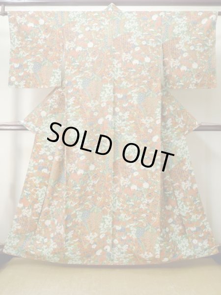 画像1: M0720O Mint  小紋 女性用着物 几帳柄 シルク（正絹）   緑色, 花 【中古】 【USED】 【リサイクル】 ★★★★★ (1)