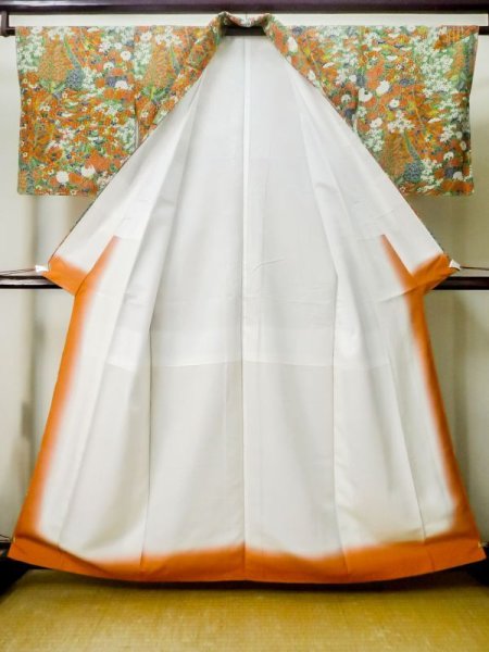 画像2: M0720O Mint  小紋 女性用着物 几帳柄 シルク(正絹)   緑色, 花 【中古】 【USED】 【リサイクル】 ★★★★★ (2)