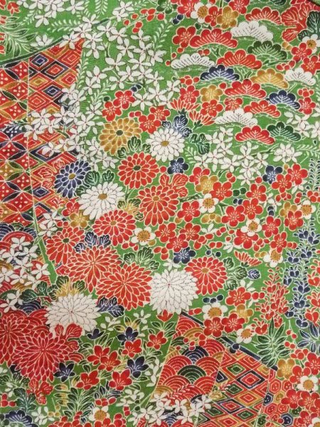 画像3: M0720O Mint  小紋 女性用着物 几帳柄 シルク(正絹)   緑色, 花 【中古】 【USED】 【リサイクル】 ★★★★★ (3)