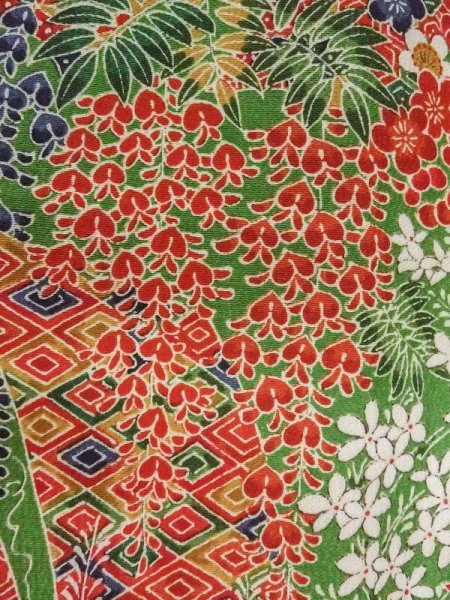 画像7: M0720O Mint  小紋 女性用着物 几帳柄 シルク(正絹)   緑色, 花 【中古】 【USED】 【リサイクル】 ★★★★★ (7)