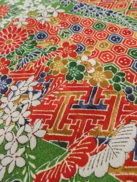 画像9: M0720O Mint  小紋 女性用着物 几帳柄 シルク(正絹)   緑色, 花 【中古】 【USED】 【リサイクル】 ★★★★★ (9)