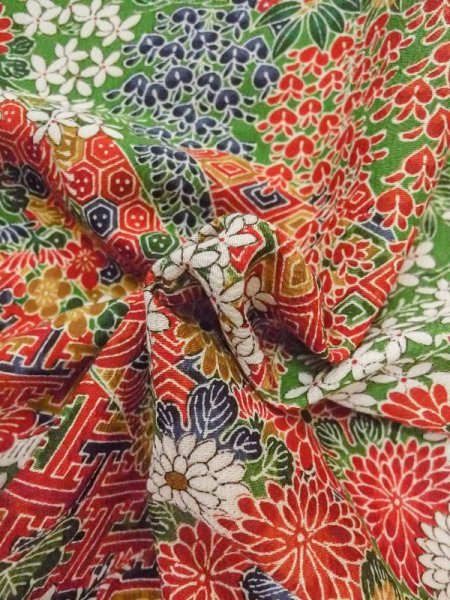 画像11: M0720O Mint  小紋 女性用着物 几帳柄 シルク(正絹)   緑色, 花 【中古】 【USED】 【リサイクル】 ★★★★★ (11)