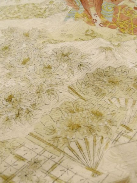 画像9: M0728H Mint  小紋 女性用着物 歌舞伎柄 シルク(正絹)   ベージュ, ぼたん 【中古】 【USED】 【リサイクル】 ★★★★☆ (9)