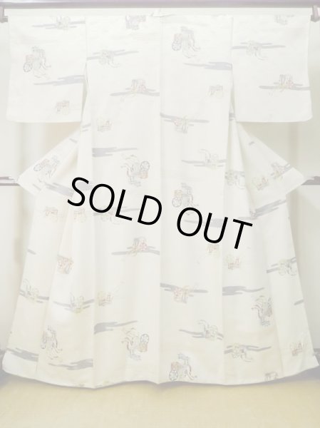 画像1: M0728N  小紋 女性用着物  シルク(正絹)   アイボリー, かすみ 【中古】 【USED】 【リサイクル】 ★★☆☆☆ (1)