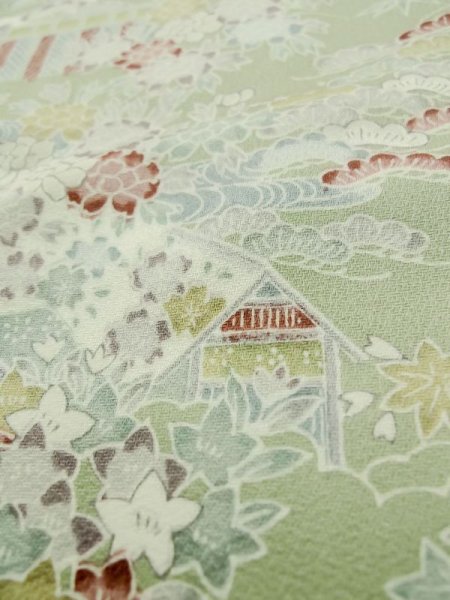 画像9: M0728U  小紋 女性用着物  シルク(正絹)  淡い 緑色, ぼたん 【中古】 【USED】 【リサイクル】 ★★★★☆ (9)