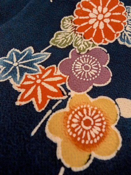 画像10: M0728W  小紋 女性用着物  シルク(正絹)   藍, ぼたん 【中古】 【USED】 【リサイクル】 ★★★☆☆ (10)