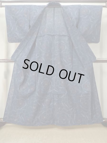 画像2: M0808D  女性用 単衣  ウール  深い 紺, バラ 【中古】 【USED】 【リサイクル】 ★★☆☆☆ (2)