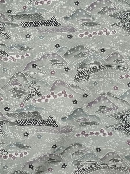 画像4: M0809C  女性用 単衣  シルク(正絹)   灰色, 桜 【中古】 【USED】 【リサイクル】 ★★★☆☆ (4)