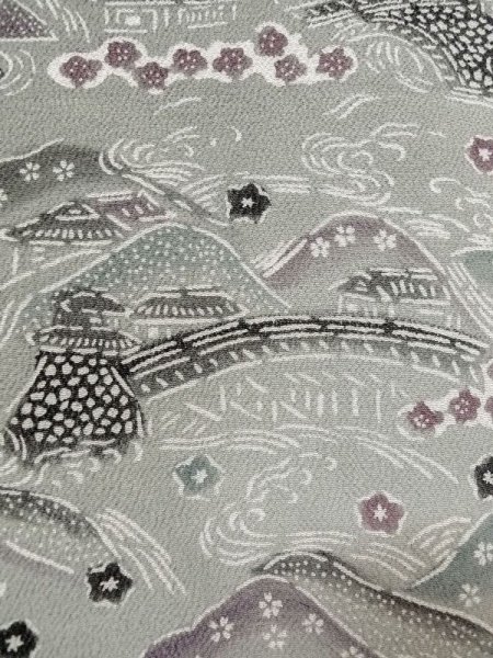 画像7: M0809C  女性用 単衣  シルク(正絹)   灰色, 桜 【中古】 【USED】 【リサイクル】 ★★★☆☆ (7)