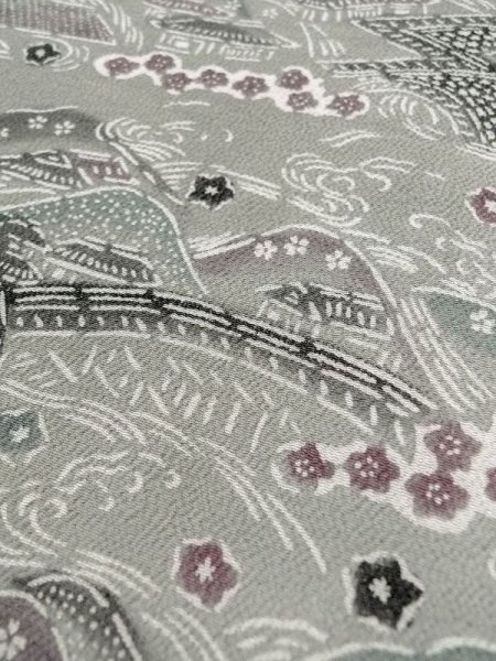 画像10: M0809C  女性用 単衣  シルク(正絹)   灰色, 桜 【中古】 【USED】 【リサイクル】 ★★★☆☆ (10)