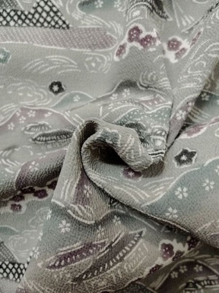 画像12: M0809C  女性用 単衣  シルク(正絹)   灰色, 桜 【中古】 【USED】 【リサイクル】 ★★★☆☆ (12)