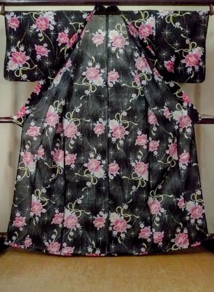 画像2: M0914N  女性用 浴衣(海外製) リボン柄 綿   黒, 花 【中古】 【USED】 【リサイクル】 ★★★★☆ (2)