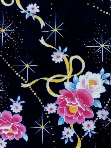 画像4: M0914N  女性用 浴衣(海外製) リボン柄 綿   黒, 花 【中古】 【USED】 【リサイクル】 ★★★★☆ (4)